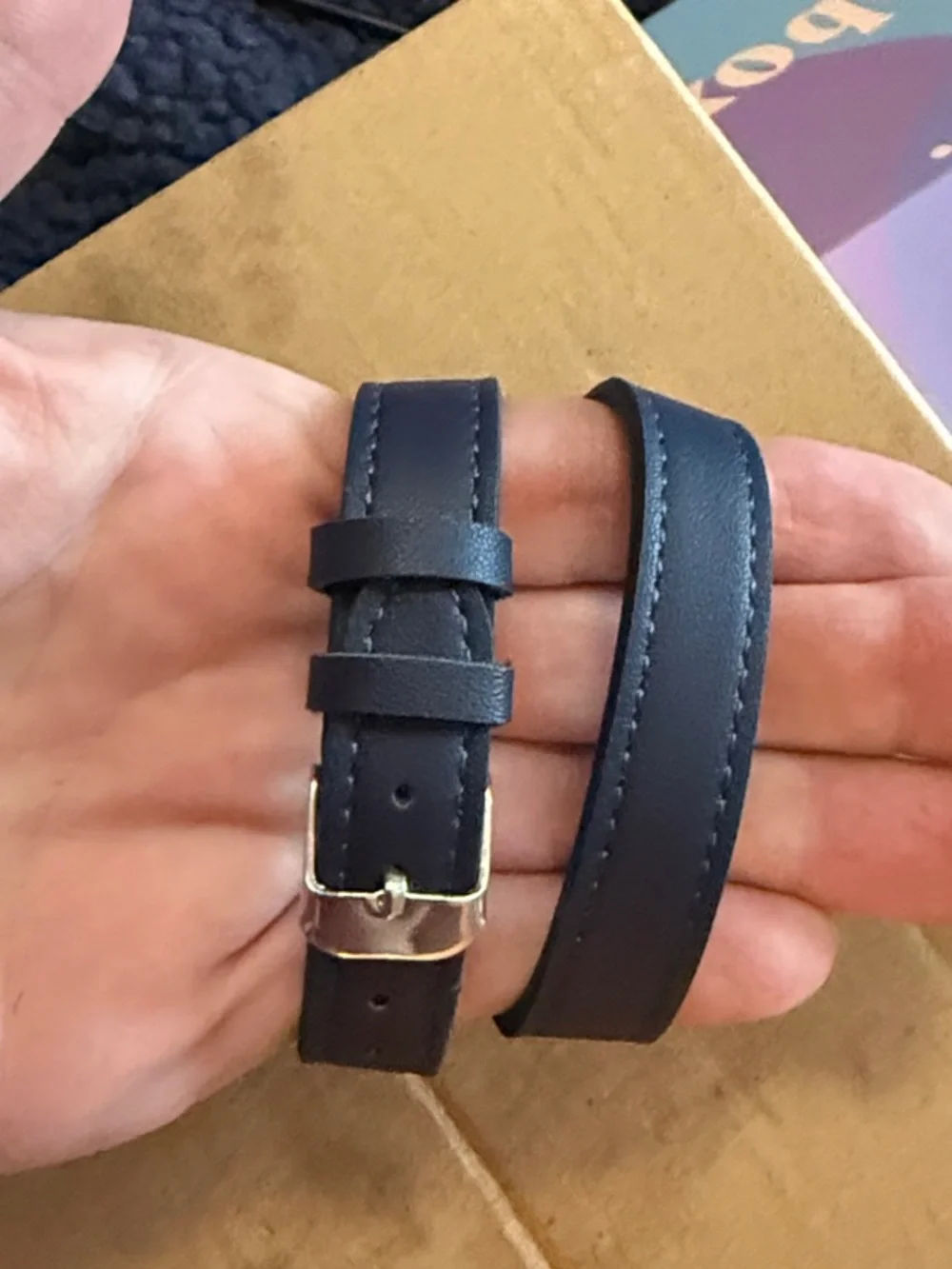 Unique double-wrap band watch: Navy faux leather and “rubies”